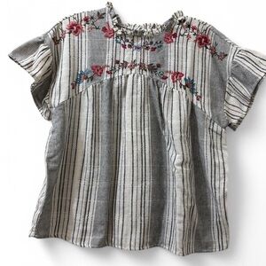 Black and white striped top with embroidered floral details, boho vibe size L